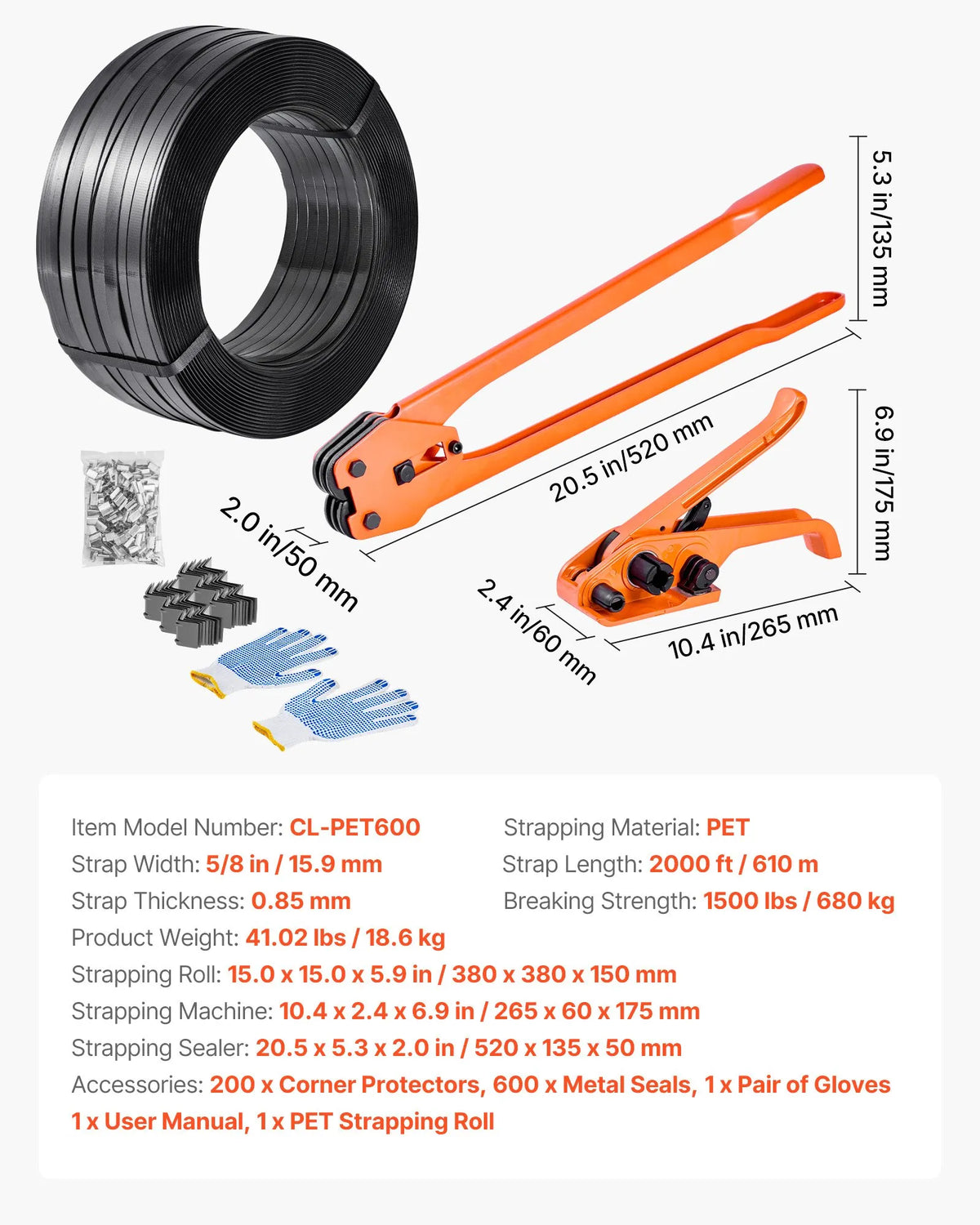 VEVOR Pallet Strapping Kit with Tensioning and Sealing Tool, 610 m PET Tape, 600 Metal Seals, 200 Corner Protectors, Plastic Packaging Set for Warehouse, Transport and Home