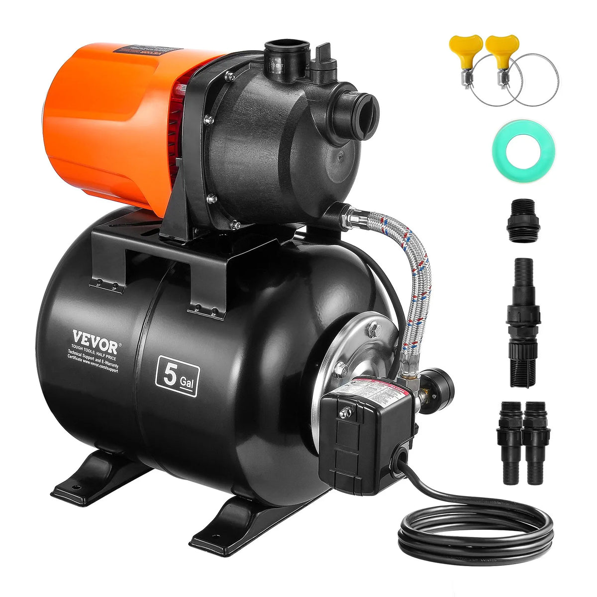 VEVOR virszemes ūdens sūknis ar spiedtvertni 745 W (1 ZS), 63 l/min, pacēlums 50 m, spiediena slēdzis 1,4–2,8 bar, termoplastiska sūkņa galva, piemērots mājas, dārza un zāliena laistīšanai - ZEMLETES.LV
