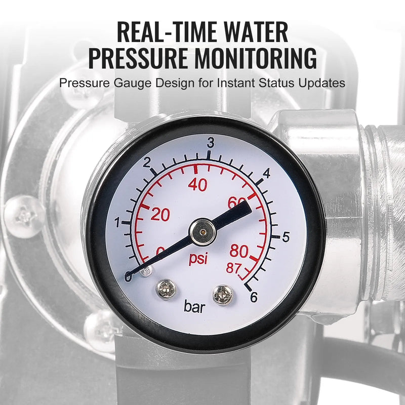 VEVOR virszemes ūdens sūknis ar spiedtvertni 745 W (1 ZS), 63 l/min, pacēlums 50 m, spiediena slēdzis 1,4–2,8 bar, termoplastiska sūkņa galva, piemērots mājas, dārza un zāliena laistīšanai
