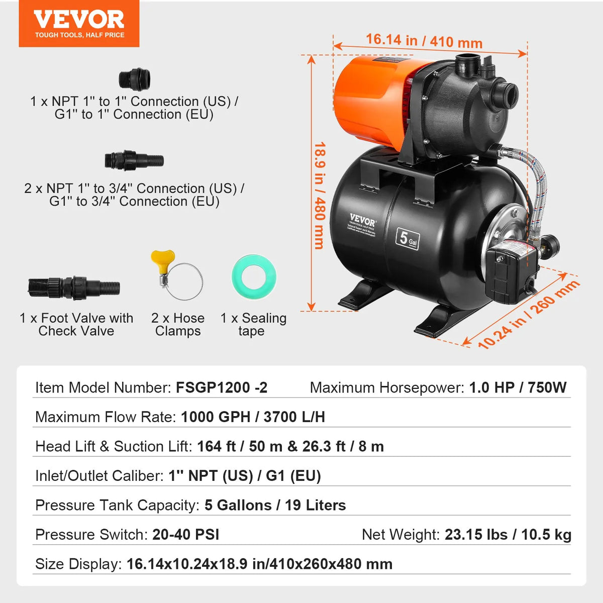 VEVOR virszemes ūdens sūknis ar spiedtvertni 745 W (1 ZS), 63 l/min, pacēlums 50 m, spiediena slēdzis 1,4–2,8 bar, termoplastiska sūkņa galva, piemērots mājas, dārza un zāliena laistīšanai - ZEMLETES.LV