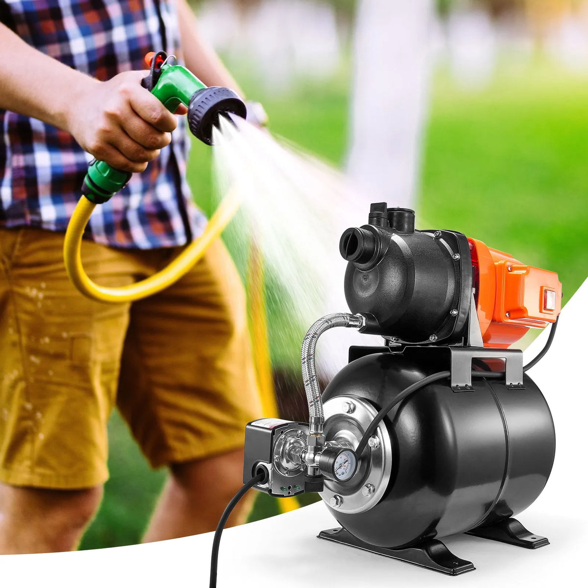 VEVOR virszemes ūdens sūknis ar spiedtvertni 745 W (1 ZS), 63 l/min, pacēlums 50 m, spiediena slēdzis 1,4–2,8 bar, termoplastiska sūkņa galva, piemērots mājas, dārza un zāliena laistīšanai - ZEMLETES.LV