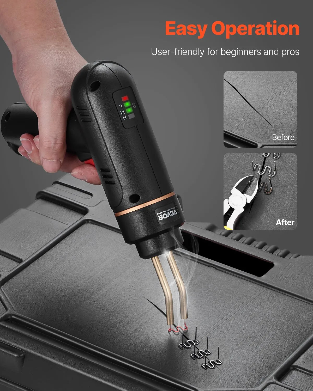 VEVOR bezvadu plastmasas metināšanas pistole 120 W ar 400 skavām 4 veidos, uzlādējams plastmasas remonta komplekts auto bamperiem, kajakiem, rotaļlietām un plaisu remontam - ZEMLETES.LV