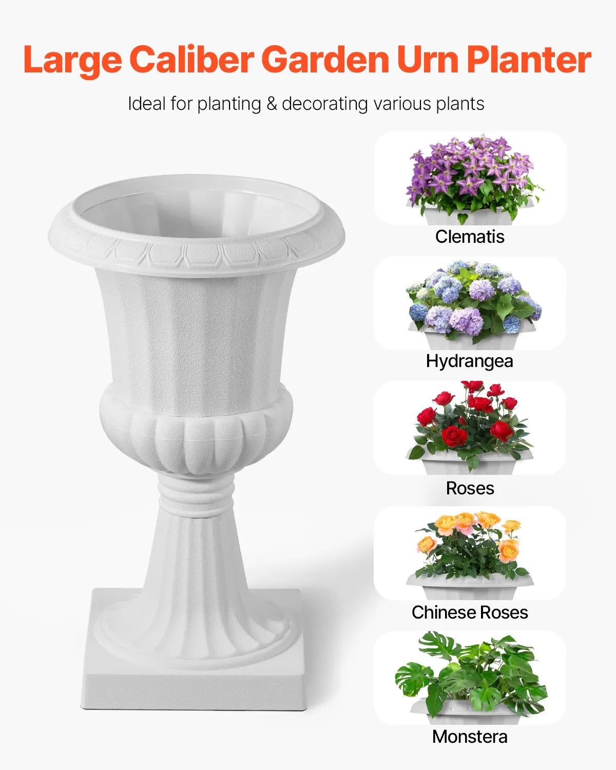 VEVOR Plastic Urn-Style Flower Pots 25 × 42 cm, 2 Pieces, Classic White Flower Pots for Indoor and Outdoor, Decorative Pots for Garden, Balcony, Terrace, Home Entrance, Weddings and Events