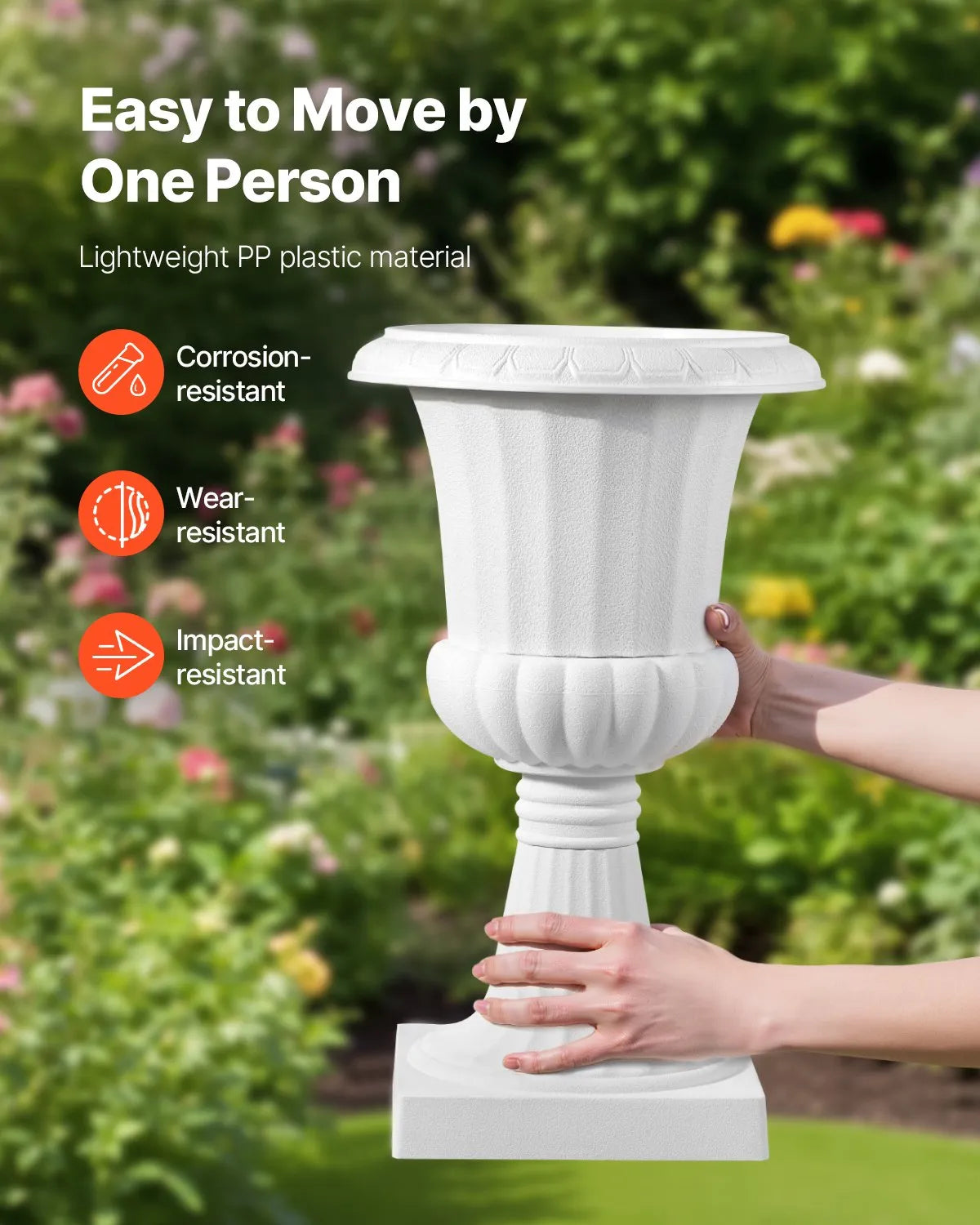 VEVOR Plastic Urn-Style Flower Pots 25 × 42 cm, 2 Pieces, Classic White Flower Pots for Indoor and Outdoor, Decorative Pots for Garden, Balcony, Terrace, Home Entrance, Weddings and Events