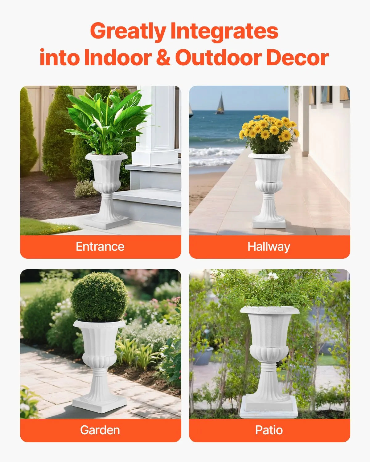 VEVOR Plastic Urn-Style Flower Pots 25 × 42 cm, 2 Pieces, Classic White Flower Pots for Indoor and Outdoor, Decorative Pots for Garden, Balcony, Terrace, Home Entrance, Weddings and Events