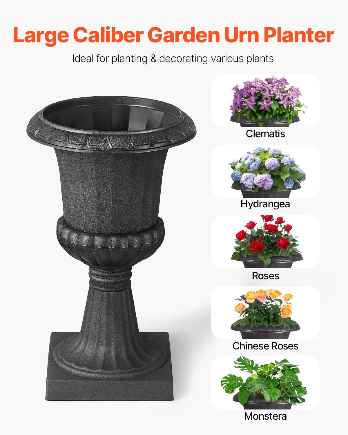 VEVOR Plastic Urn-Style Flower Pots 25 × 42 cm, 2 Pieces, Classic Black Flower Pots for Indoor and Outdoor Use, Decorative Pots for Garden, Balcony, Terrace, Home Entrance, Weddings and Events