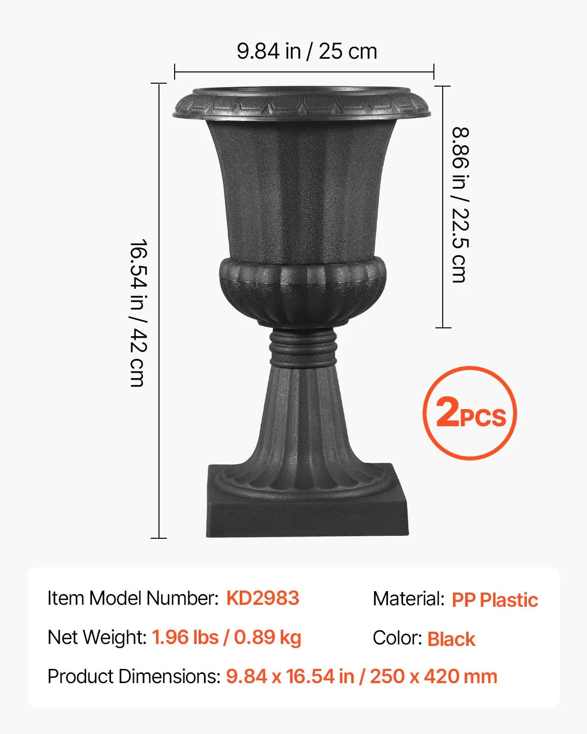VEVOR Plastic Urn-Style Flower Pots 25 × 42 cm, 2 Pieces, Classic Black Flower Pots for Indoor and Outdoor Use, Decorative Pots for Garden, Balcony, Terrace, Home Entrance, Weddings and Events
