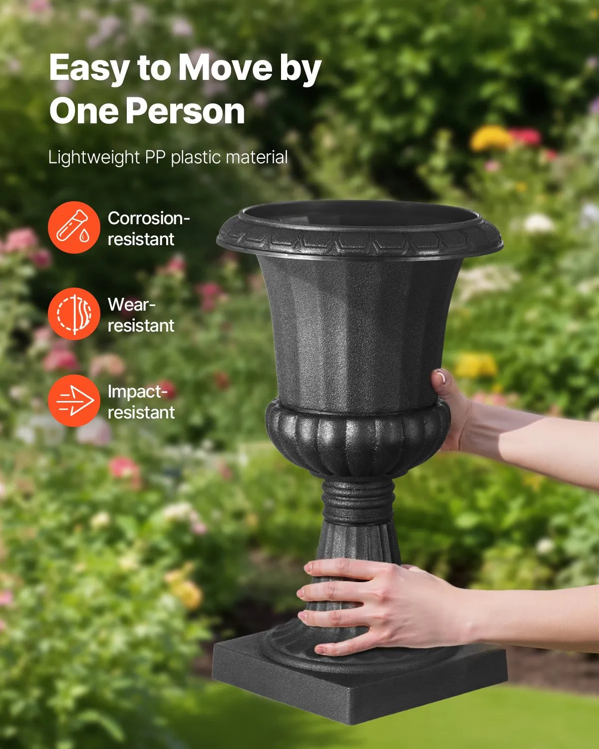 VEVOR Plastic Urn-Style Flower Pots 25 × 42 cm, 2 Pieces, Classic Black Flower Pots for Indoor and Outdoor Use, Decorative Pots for Garden, Balcony, Terrace, Home Entrance, Weddings and Events