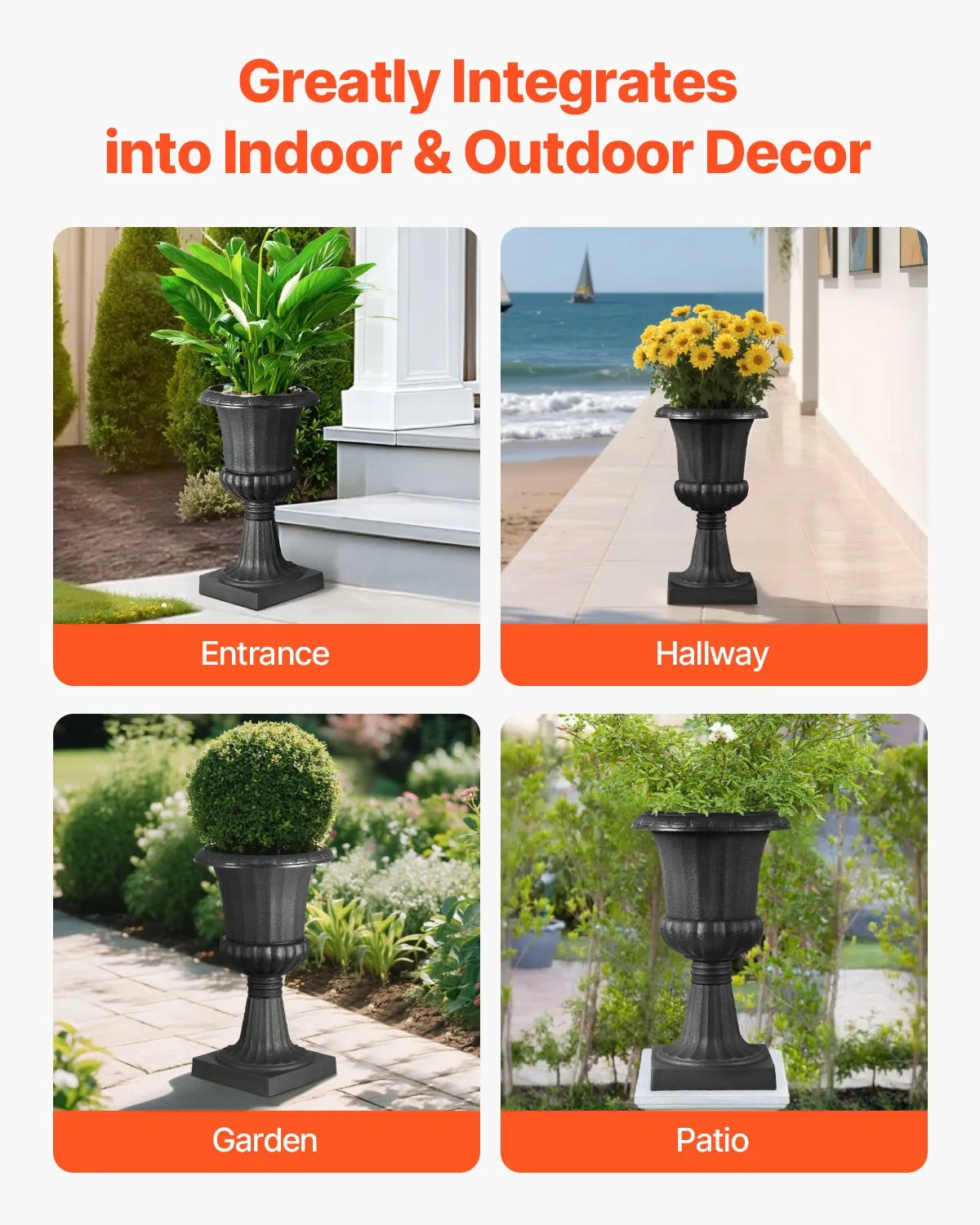 VEVOR Plastic Urn-Style Flower Pots 25 × 42 cm, 2 Pieces, Classic Black Flower Pots for Indoor and Outdoor Use, Decorative Pots for Garden, Balcony, Terrace, Home Entrance, Weddings and Events