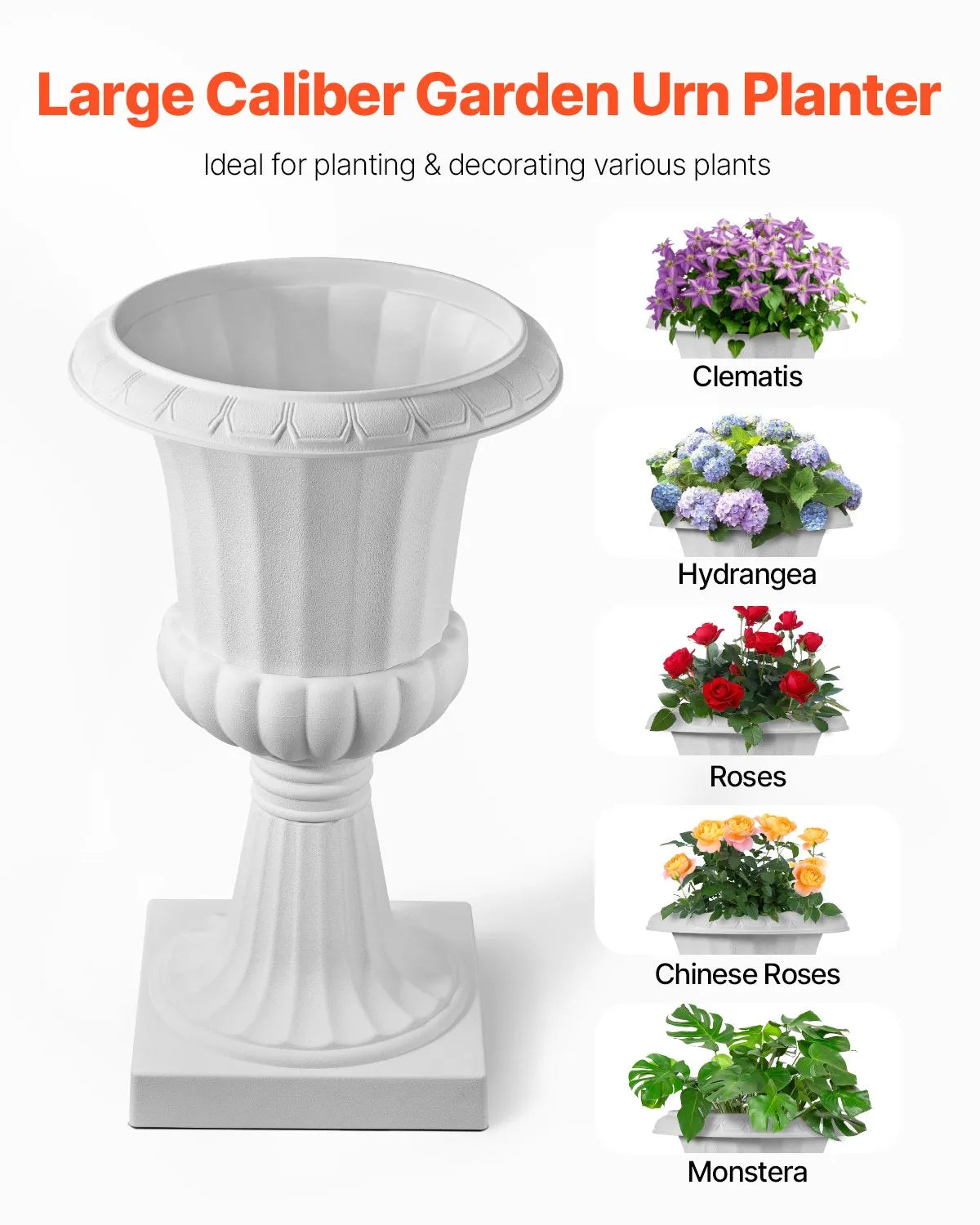VEVOR Plastic Urn-Style Flower Pots 40 × 67 cm, 2 pcs, Classic White Flower Pots for Indoor and Outdoor, Decorative Pots for Garden, Balcony, Terrace, Home Entrance, Weddings and Events