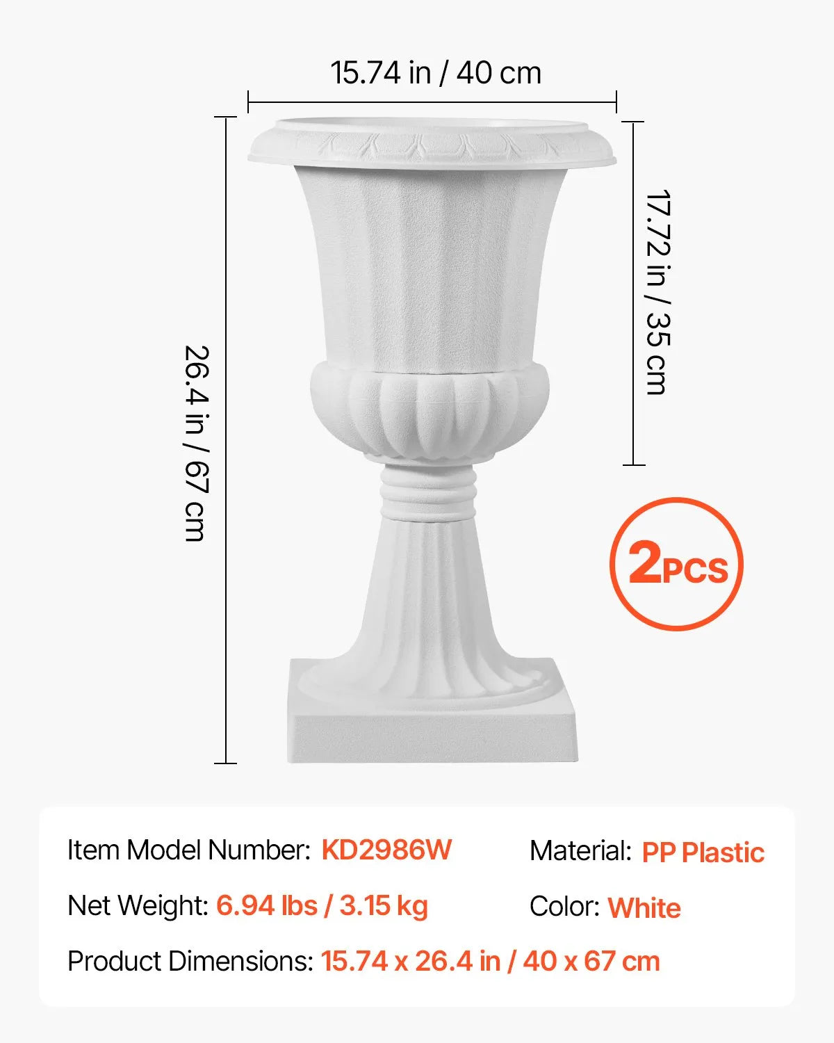 VEVOR Plastic Urn-Style Flower Pots 40 × 67 cm, 2 pcs, Classic White Flower Pots for Indoor and Outdoor, Decorative Pots for Garden, Balcony, Terrace, Home Entrance, Weddings and Events
