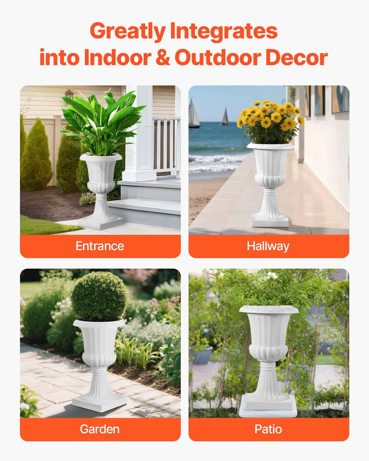 VEVOR Plastic Urn-Style Flower Pots 40 × 67 cm, 2 pcs, Classic White Flower Pots for Indoor and Outdoor, Decorative Pots for Garden, Balcony, Terrace, Home Entrance, Weddings and Events