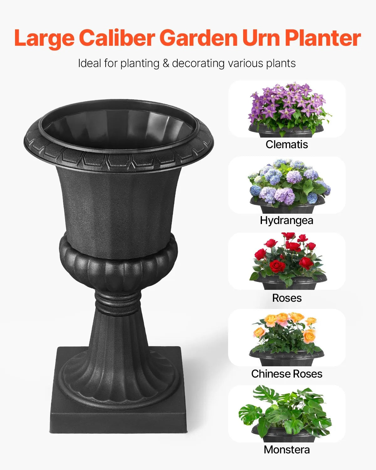VEVOR Plastic Urn-Style Flower Pots 40 × 67 cm, 2 pcs, Classic Black Flower Pots for Indoor and Outdoor, Decorative Pots for Garden, Balcony, Terrace, Home Entrance, Weddings and Events