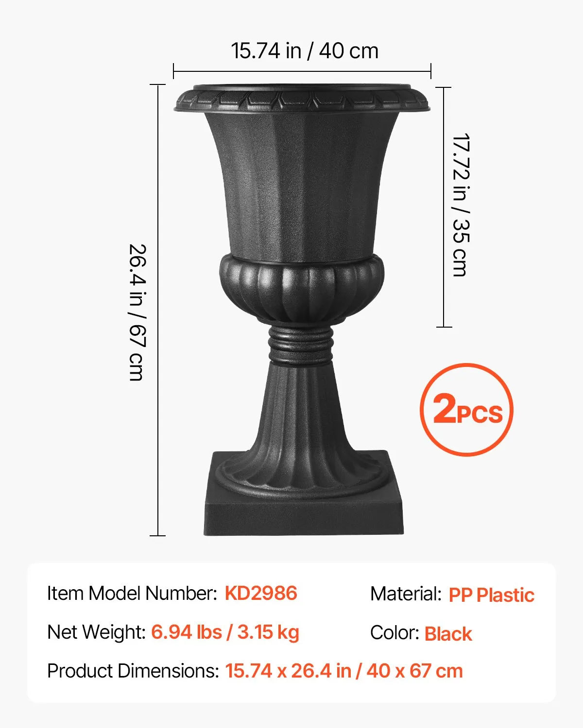 VEVOR Plastic Urn-Style Flower Pots 40 × 67 cm, 2 pcs, Classic Black Flower Pots for Indoor and Outdoor, Decorative Pots for Garden, Balcony, Terrace, Home Entrance, Weddings and Events