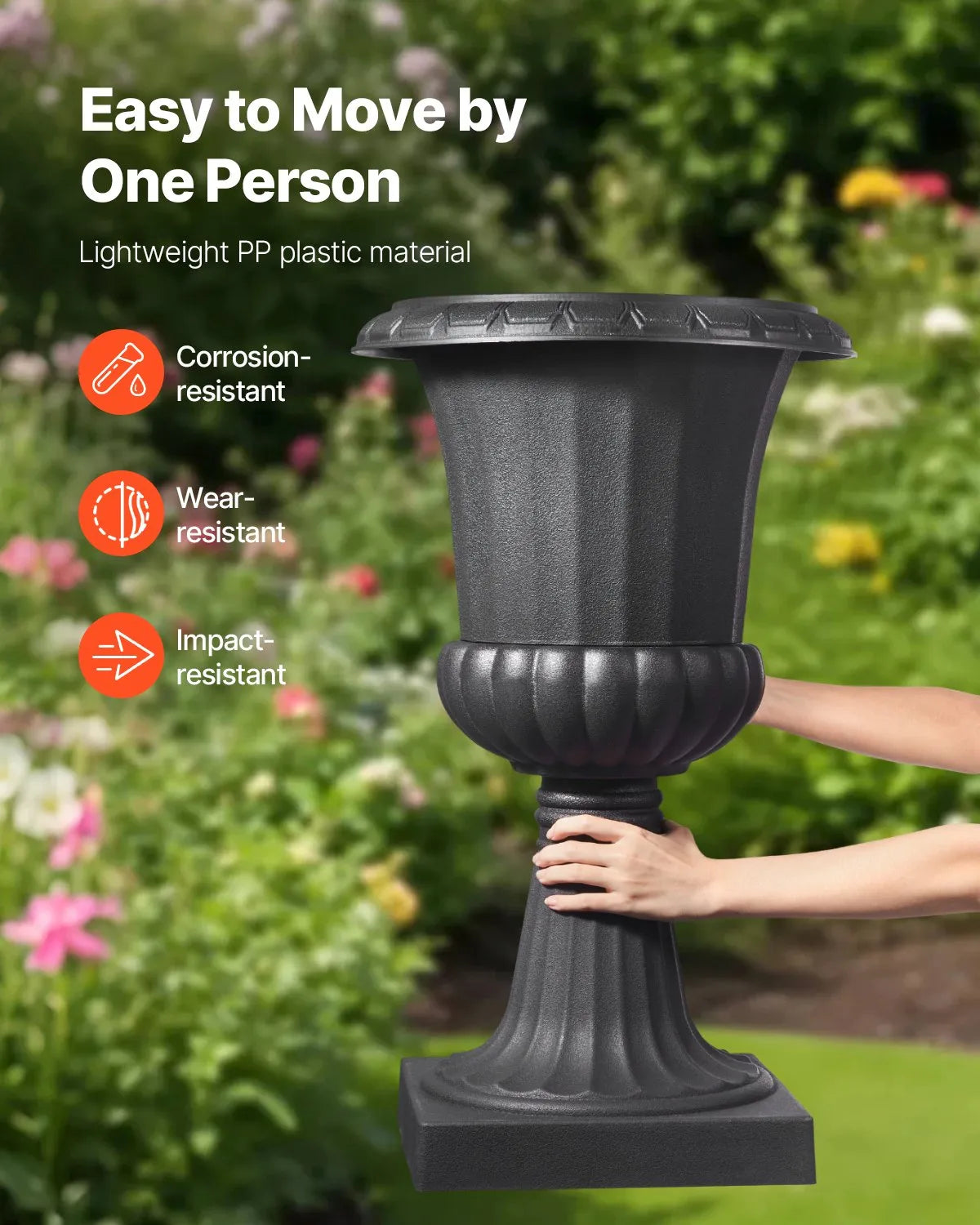 VEVOR Plastic Urn-Style Flower Pots 40 × 67 cm, 2 pcs, Classic Black Flower Pots for Indoor and Outdoor, Decorative Pots for Garden, Balcony, Terrace, Home Entrance, Weddings and Events
