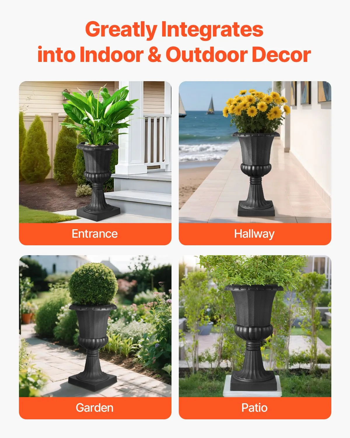 VEVOR Plastic Urn-Style Flower Pots 40 × 67 cm, 2 pcs, Classic Black Flower Pots for Indoor and Outdoor, Decorative Pots for Garden, Balcony, Terrace, Home Entrance, Weddings and Events