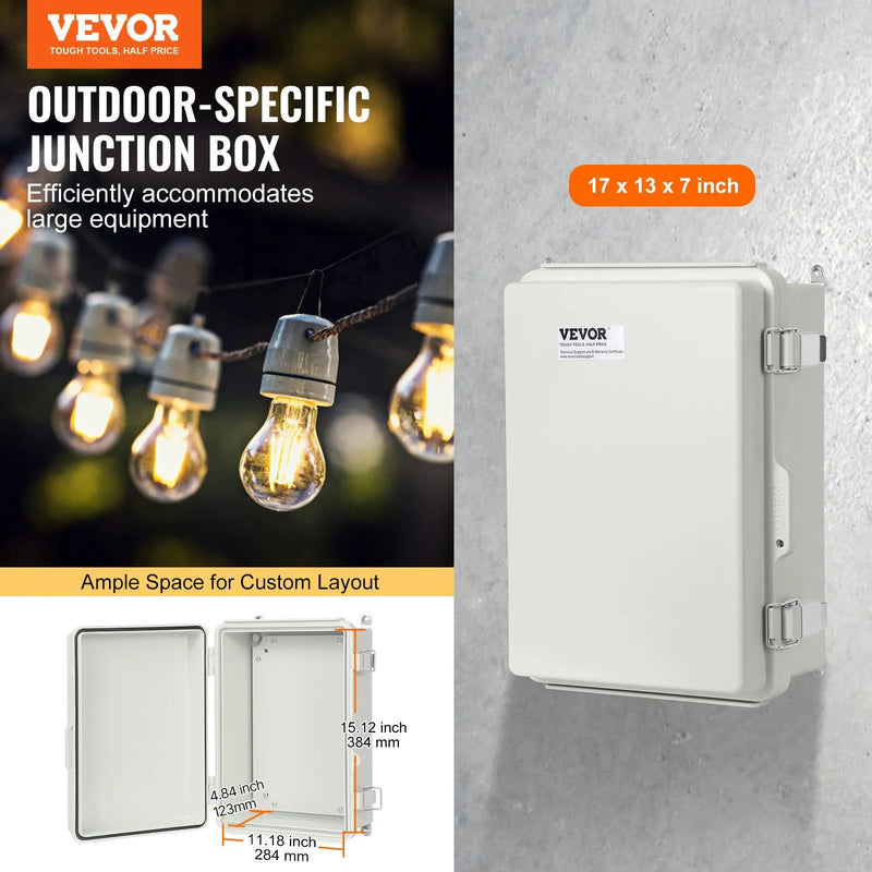 VEVOR āra elektrības sadales kārba 430 × 330 × 180 mm, ABS plastmasas elektriskā aizsargkārba ar eņģu vāku un nerūsējošā tērauda aizdari, IP67 putekļu un ūdensizturīga, paredzēta āra elektroinstalācijas projektiem - ZEMLETES.LV