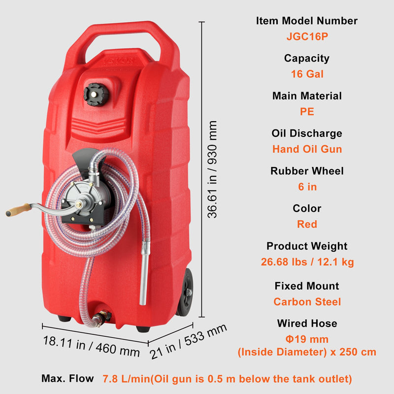 VEVOR 16 Gallon Fuel Caddy – Pārnēsājama Degvielas Uzglabāšanas Tvertne ar Rokas Sūkni un Gumijas Riteņiem