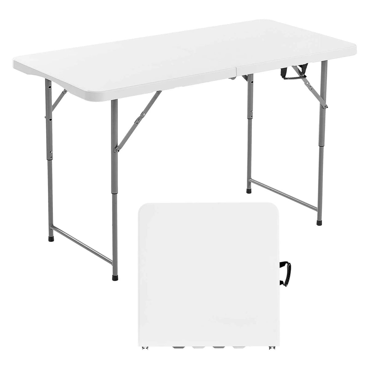 Folding Table, 122 cm, Durable Portable Plastic Rectangular Table with Adjustable Height and Handle, Suitable for Indoor and Outdoor Use – Parties, Dining, Picnics, Camping, White