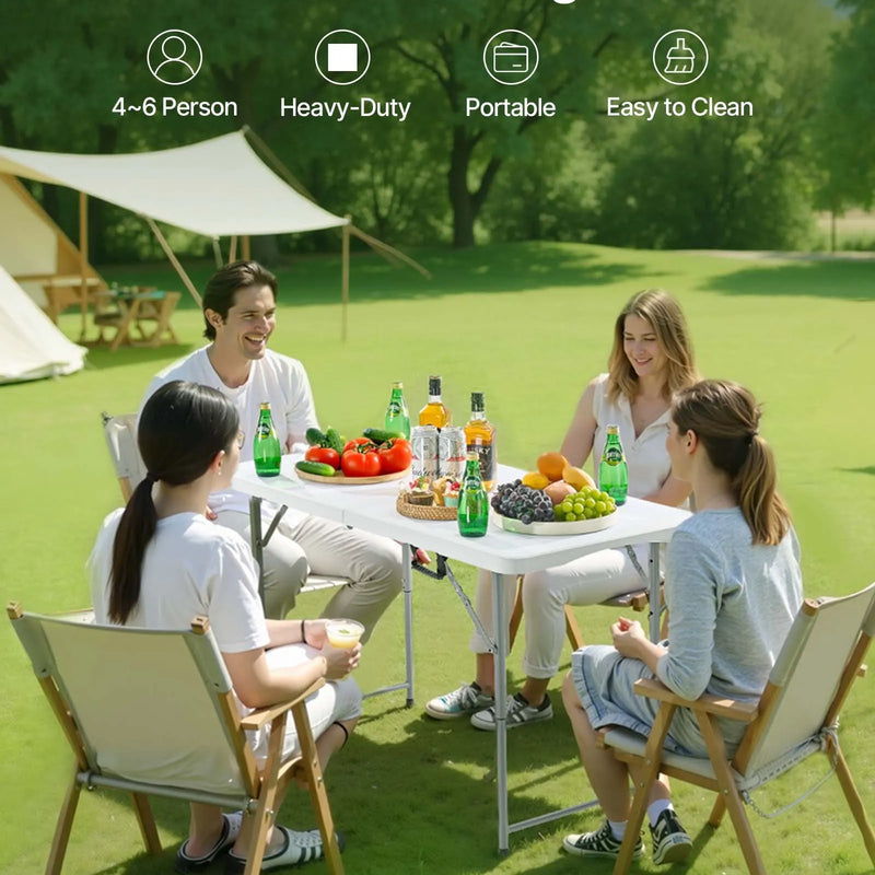 Saliekamais galds, 122 cm, izturīgs pārnēsājams plastmasas taisnstūra galds ar regulējamu augstumu un rokturi, piemērots lietošanai telpās un ārā – svinībām, ēdienreizēm, piknikiem, kempingam, balts