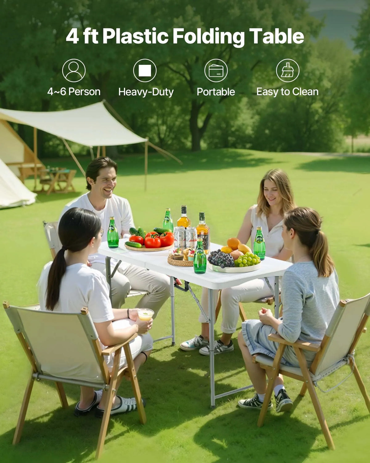 Folding Table, 122 cm, Durable Portable Plastic Rectangular Table with Adjustable Height and Handle, Suitable for Indoor and Outdoor Use – Parties, Dining, Picnics, Camping, White