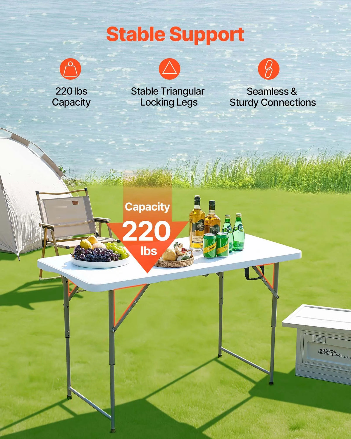 Folding Table, 122 cm, Durable Portable Plastic Rectangular Table with Adjustable Height and Handle, Suitable for Indoor and Outdoor Use – Parties, Dining, Picnics, Camping, White