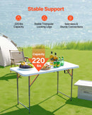 Saliekamais galds, 122 cm, izturīgs pārnēsājams plastmasas taisnstūra galds ar regulējamu augstumu un rokturi, piemērots lietošanai telpās un ārā – svinībām, ēdienreizēm, piknikiem, kempingam, balts