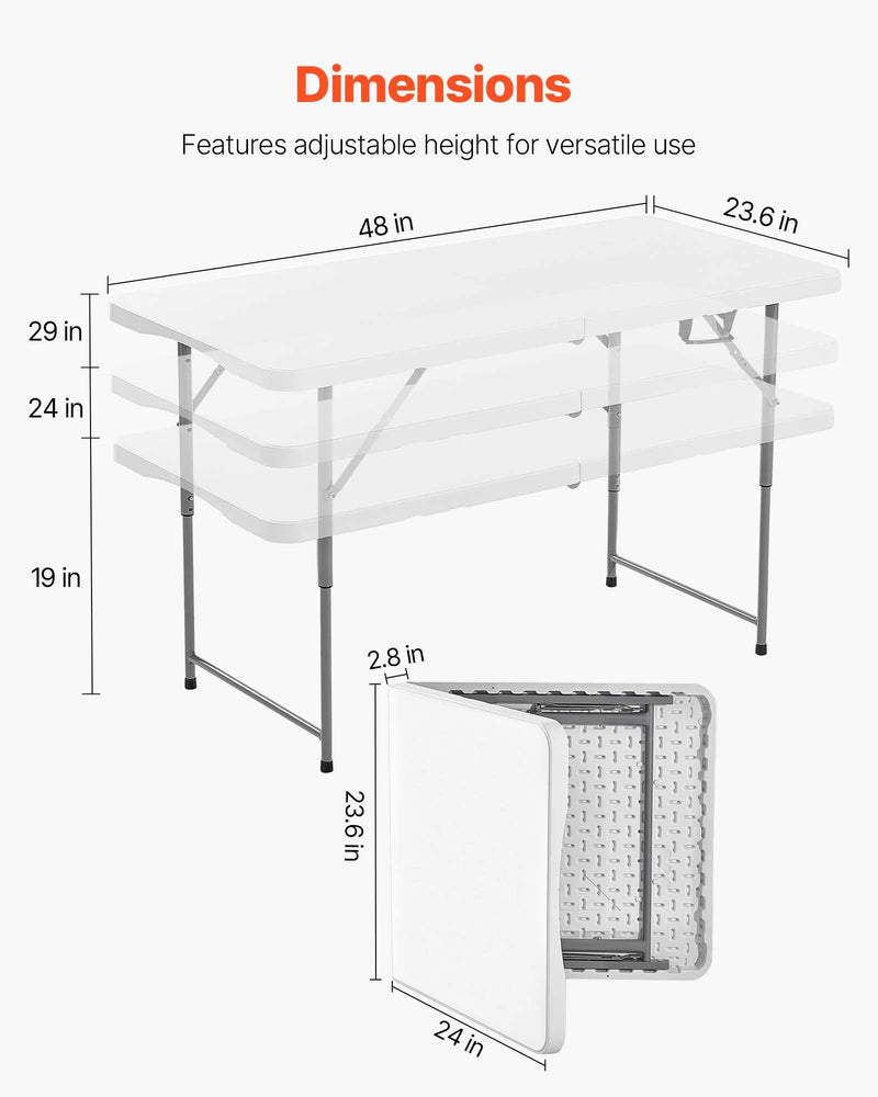 Saliekamais galds, 122 cm, izturīgs pārnēsājams plastmasas taisnstūra galds ar regulējamu augstumu un rokturi, piemērots lietošanai telpās un ārā – svinībām, ēdienreizēm, piknikiem, kempingam, balts