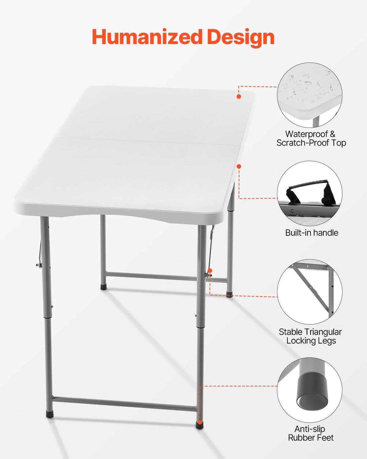 Folding Table, 122 cm, Durable Portable Plastic Rectangular Table with Adjustable Height and Handle, Suitable for Indoor and Outdoor Use – Parties, Dining, Picnics, Camping, White