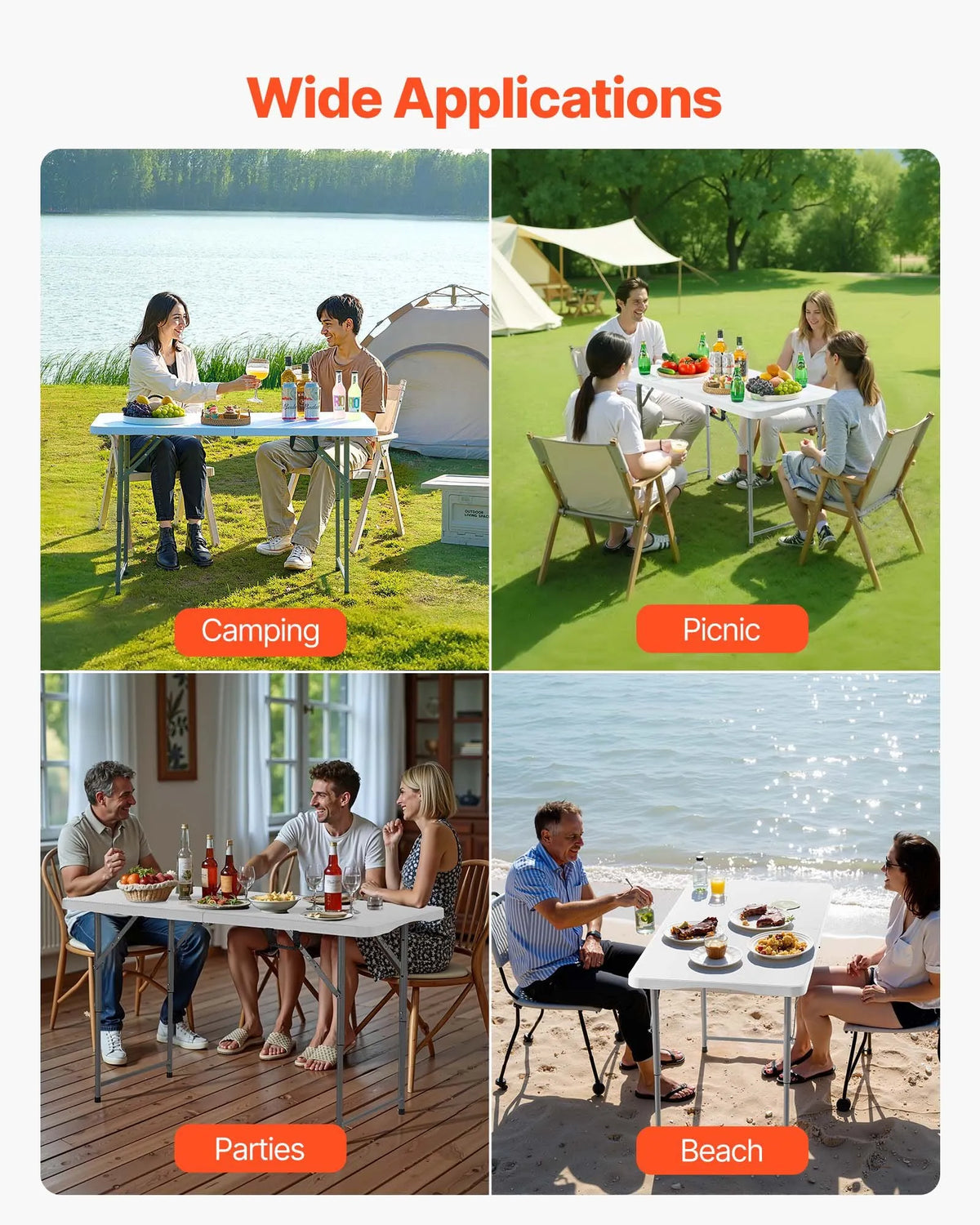 Folding Table, 122 cm, Durable Portable Plastic Rectangular Table with Adjustable Height and Handle, Suitable for Indoor and Outdoor Use – Parties, Dining, Picnics, Camping, White