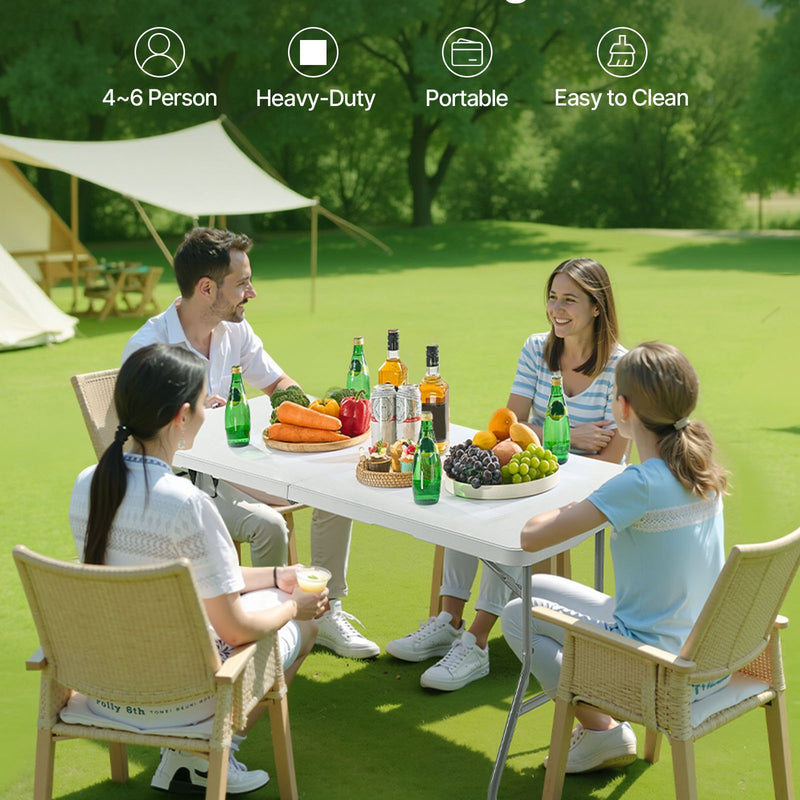 Saliekamais galds, 183 cm, izturīgs pārnēsājams plastmasas taisnstūra galds ar rokturi, piemērots lietošanai telpās un ārā – svinībām, ēdienreizēm, kāzām, pasākumiem, piknikiem, kempingam, balts