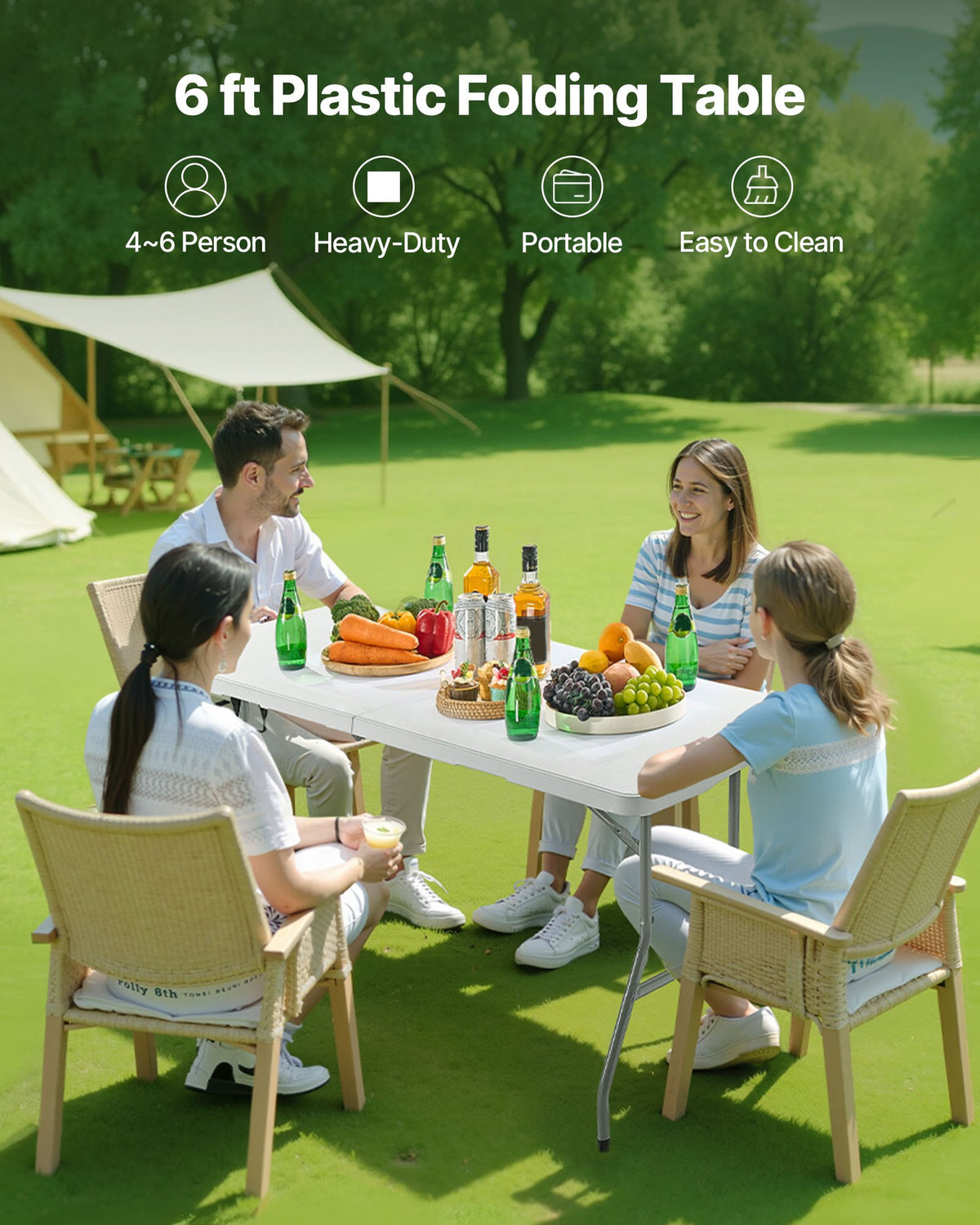 Folding Table, 183 cm, Durable Portable Plastic Rectangular Table with Handle, Indoor and Outdoor Use – Parties, Dining, Weddings, Events, Picnics, Camping, White