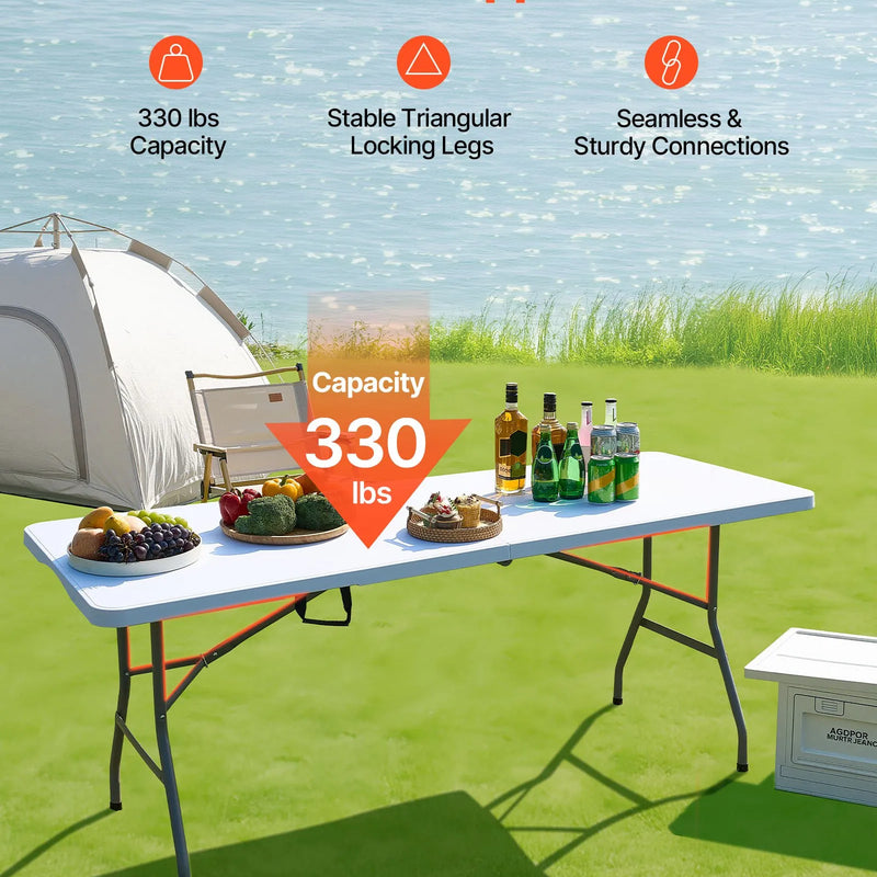 Saliekamais galds, 183 cm, izturīgs pārnēsājams plastmasas taisnstūra galds ar rokturi, piemērots lietošanai telpās un ārā – svinībām, ēdienreizēm, kāzām, pasākumiem, piknikiem, kempingam, balts