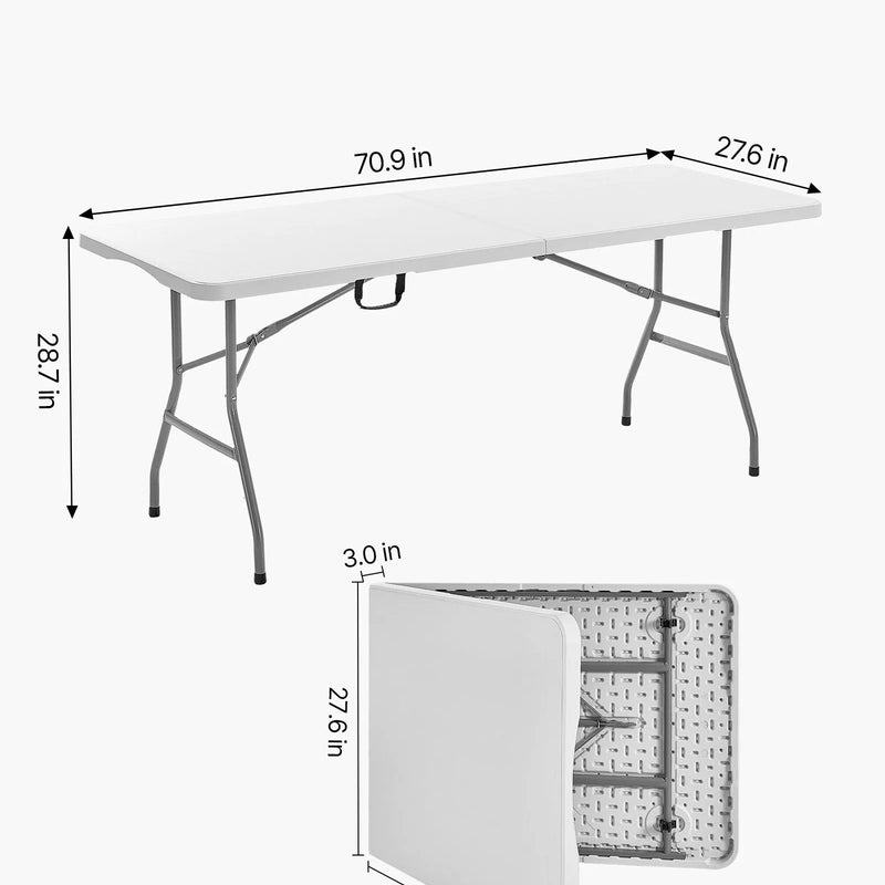 Saliekamais galds, 183 cm, izturīgs pārnēsājams plastmasas taisnstūra galds ar rokturi, piemērots lietošanai telpās un ārā – svinībām, ēdienreizēm, kāzām, pasākumiem, piknikiem, kempingam, balts