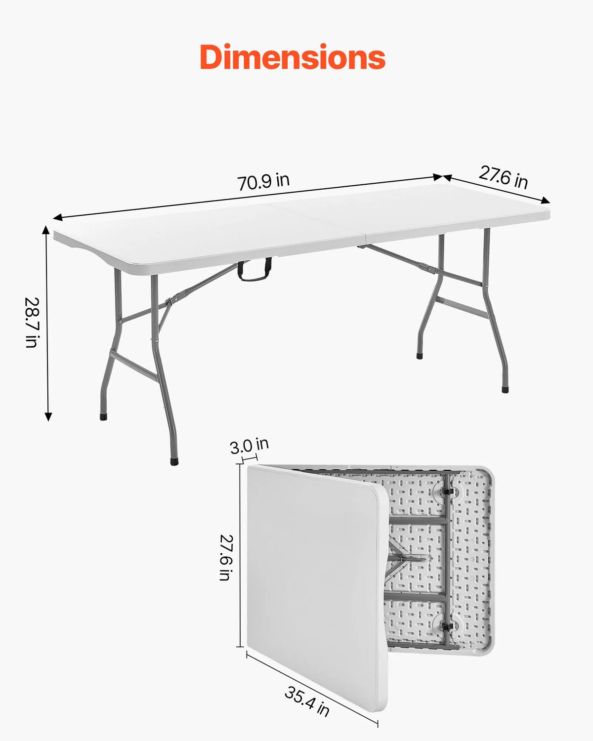 Folding Table, 183 cm, Durable Portable Plastic Rectangular Table with Handle, Indoor and Outdoor Use – Parties, Dining, Weddings, Events, Picnics, Camping, White