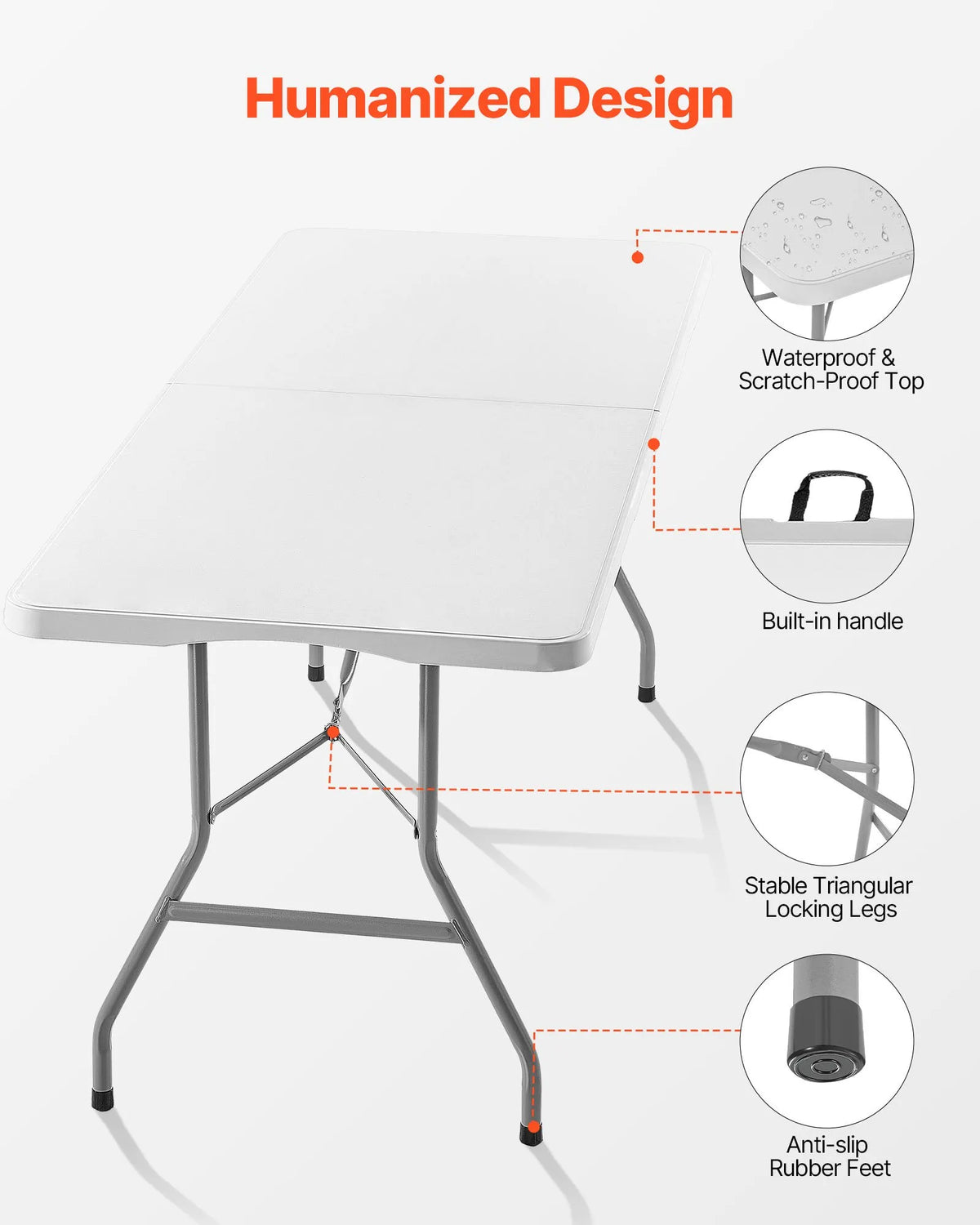 Folding Table, 183 cm, Durable Portable Plastic Rectangular Table with Handle, Indoor and Outdoor Use – Parties, Dining, Weddings, Events, Picnics, Camping, White
