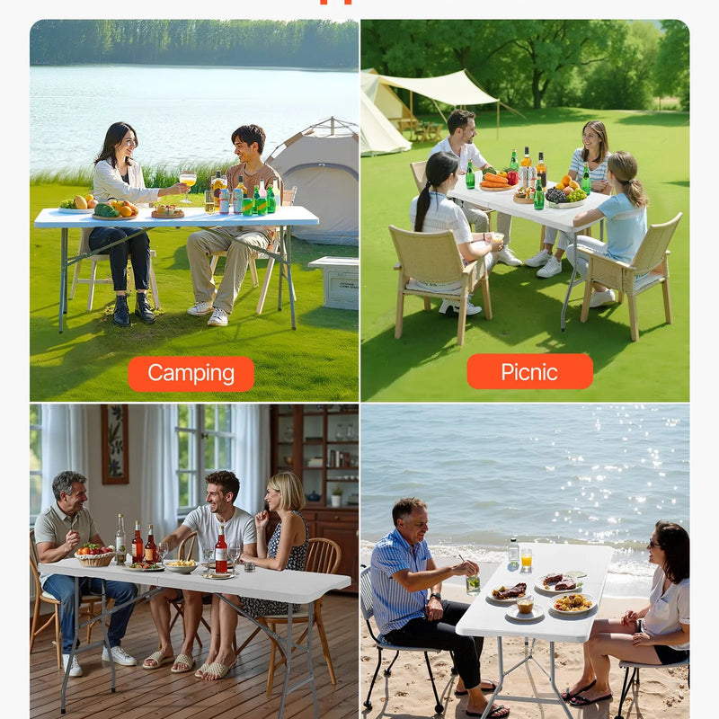 Saliekamais galds, 183 cm, izturīgs pārnēsājams plastmasas taisnstūra galds ar rokturi, piemērots lietošanai telpās un ārā – svinībām, ēdienreizēm, kāzām, pasākumiem, piknikiem, kempingam, balts