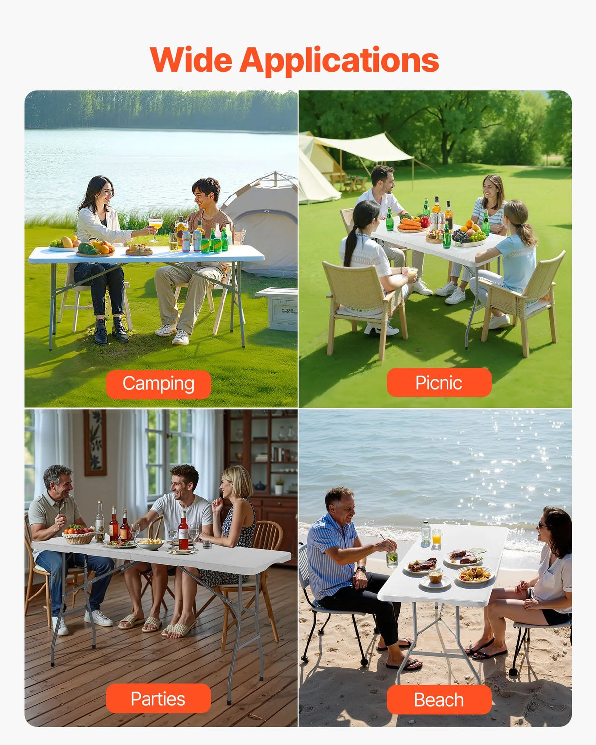 Folding Table, 183 cm, Durable Portable Plastic Rectangular Table with Handle, Indoor and Outdoor Use – Parties, Dining, Weddings, Events, Picnics, Camping, White