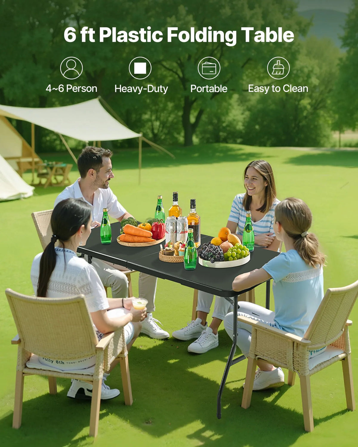 VEVOR Folding Table, 183 cm, Durable Portable Plastic Rectangular Table with Handle, Suitable for Indoor and Outdoor Use – Parties, Dining, Weddings, Events, Picnics, Camping, Black