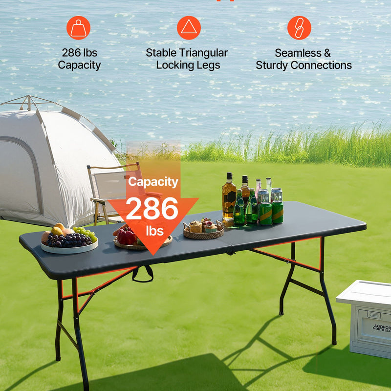 Saliekamais galds, 183 cm, izturīgs pārnēsājams plastmasas taisnstūra galds ar rokturi, piemērots lietošanai telpās un ārā – svinībām, ēdienreizēm, kāzām, pasākumiem, piknikiem, kempingam, melns