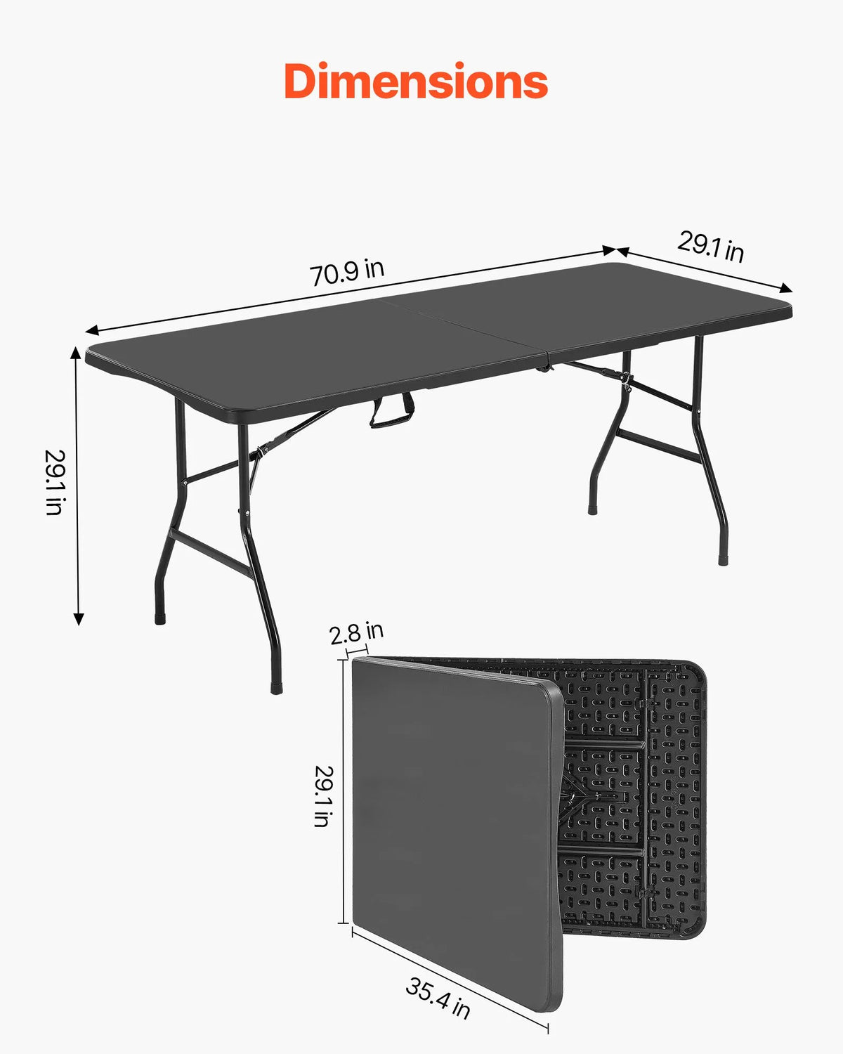 VEVOR Folding Table, 183 cm, Durable Portable Plastic Rectangular Table with Handle, Suitable for Indoor and Outdoor Use – Parties, Dining, Weddings, Events, Picnics, Camping, Black