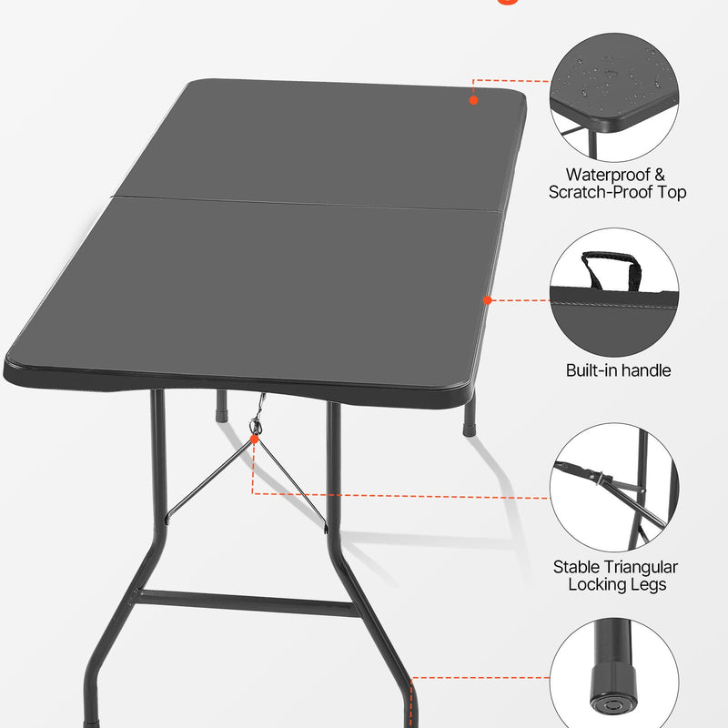 Saliekamais galds, 183 cm, izturīgs pārnēsājams plastmasas taisnstūra galds ar rokturi, piemērots lietošanai telpās un ārā – svinībām, ēdienreizēm, kāzām, pasākumiem, piknikiem, kempingam, melns