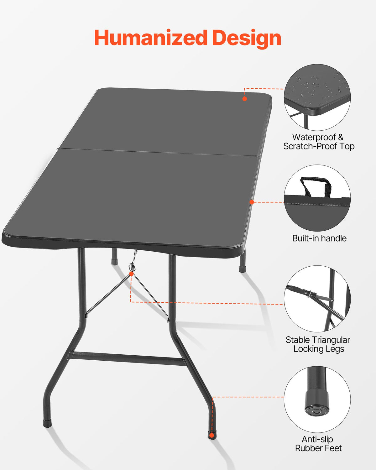 VEVOR Folding Table, 183 cm, Durable Portable Plastic Rectangular Table with Handle, Suitable for Indoor and Outdoor Use – Parties, Dining, Weddings, Events, Picnics, Camping, Black