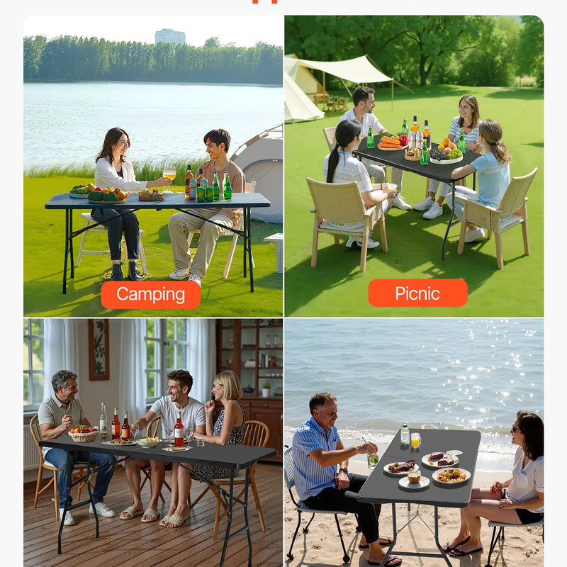 Saliekamais galds, 183 cm, izturīgs pārnēsājams plastmasas taisnstūra galds ar rokturi, piemērots lietošanai telpās un ārā – svinībām, ēdienreizēm, kāzām, pasākumiem, piknikiem, kempingam, melns