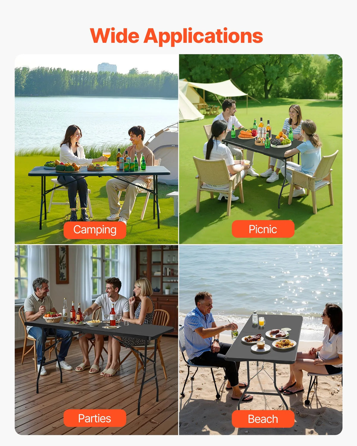 VEVOR Folding Table, 183 cm, Durable Portable Plastic Rectangular Table with Handle, Suitable for Indoor and Outdoor Use – Parties, Dining, Weddings, Events, Picnics, Camping, Black
