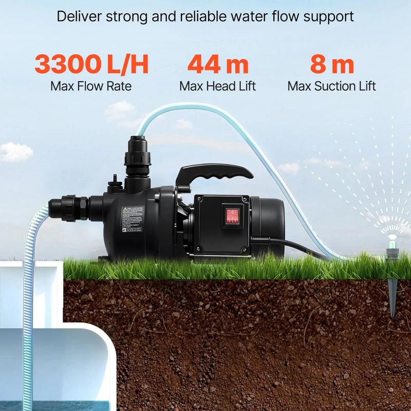 VEVOR seklās akas strūklas sūknis 800 W, 230 V, 3300 l/h maksimālā plūsma, PP dārza sūknis ar 8 m sūkšanas augstumu, termiskā aizsardzība, dārza apūdeņošanai un zāliena laistīšanai - ZEMLETES.LV