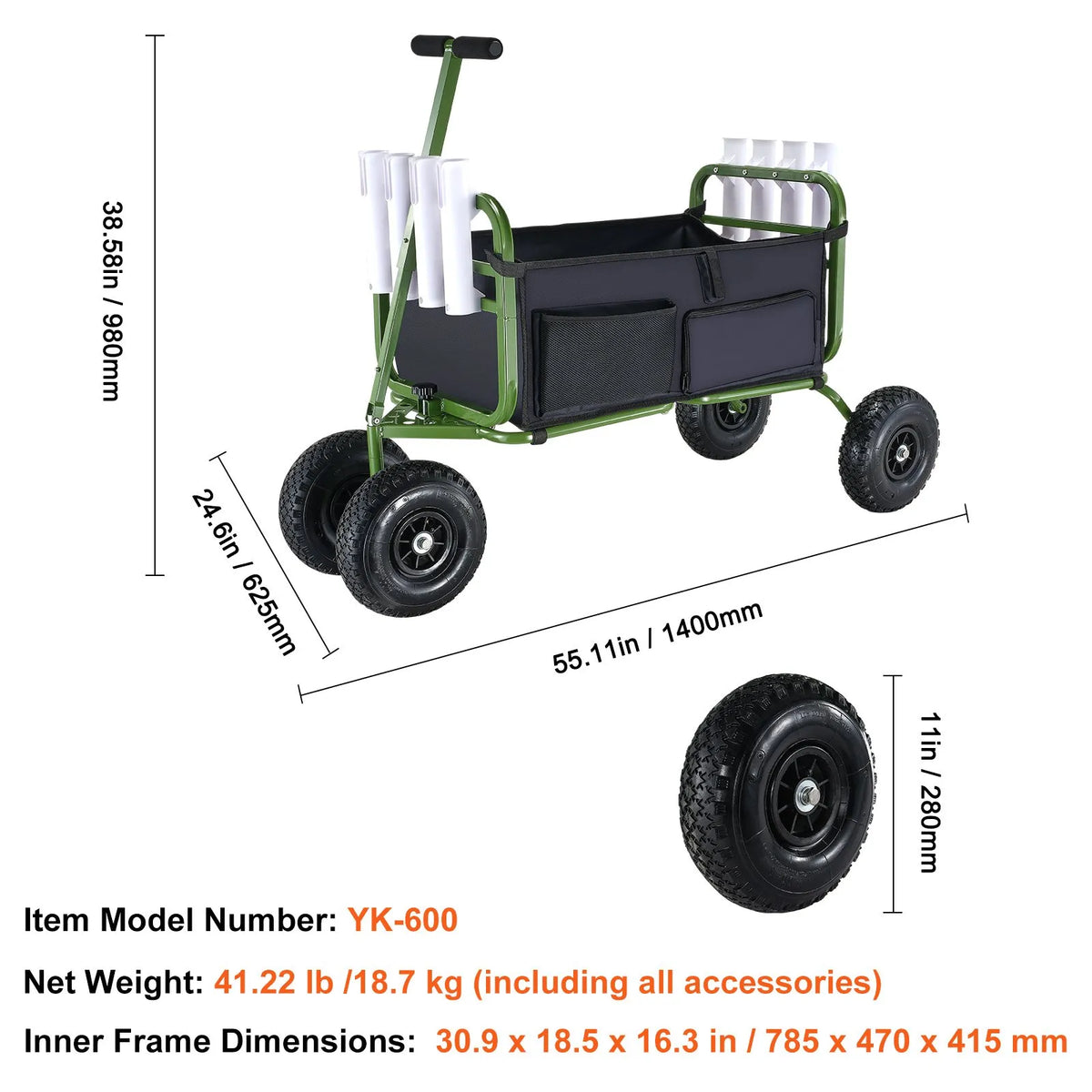 VEVOR pludmales makšķerēšanas rati, celtspēja 136 kg, salokāmi rati ar 4 × 28 cm lieliem gumijas balona riteņiem, pastiprināta tērauda ratiņi ar 8 makšķeru turētājiem piknikam - ZEMLETES.LV