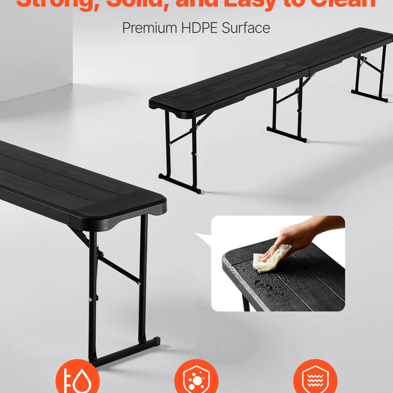 VEVOR salokāms plastmasas sols 183 cm, pārnēsājams HDPE āra sols piknikam, dārzam un pasākumiem, komplekts 2 gab., 2 pārnēsāšanas somas, melns