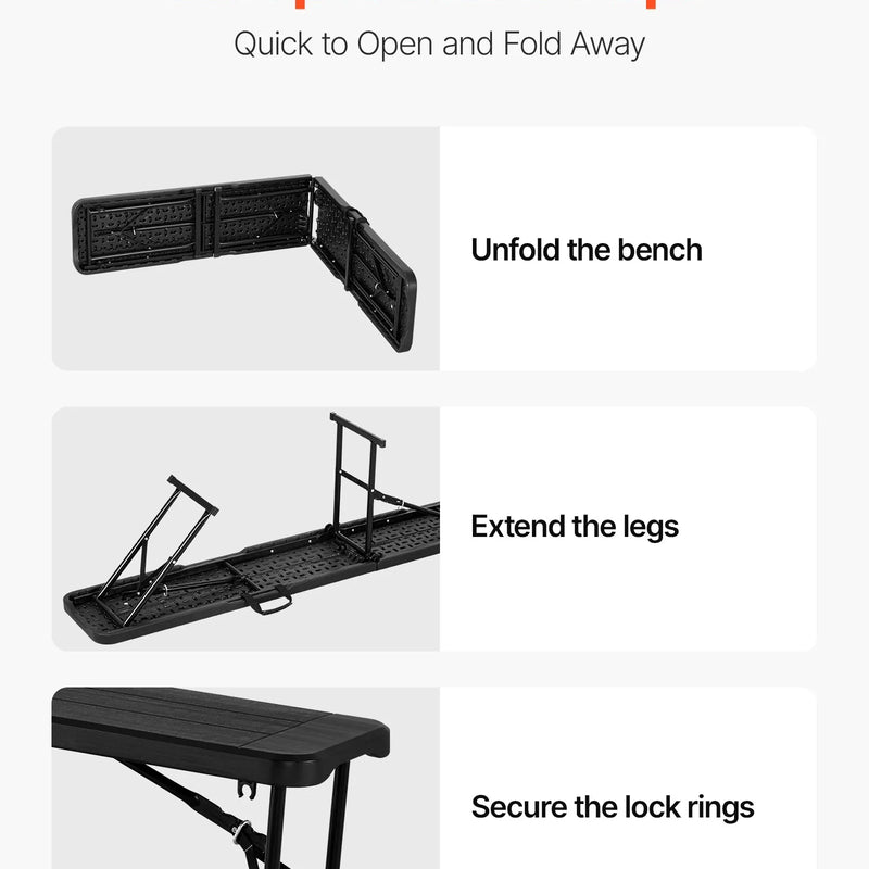 VEVOR salokāms plastmasas sols 183 cm, pārnēsājams HDPE āra sols piknikam, dārzam un pasākumiem, komplekts 2 gab., 2 pārnēsāšanas somas, melns