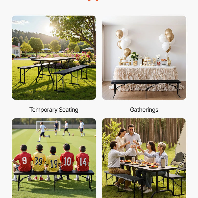 VEVOR salokāms plastmasas sols 183 cm, pārnēsājams HDPE āra sols piknikam, dārzam un pasākumiem, komplekts 2 gab., 2 pārnēsāšanas somas, melns